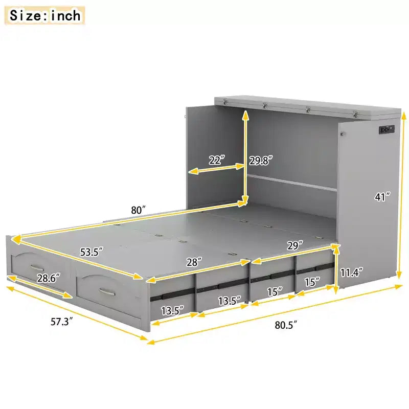 Letto a scomparsa matrimoniale/queen size con cassetti contenitori, letto a scomparsa in legno con prese e porte USB, design con struttura a puleggia