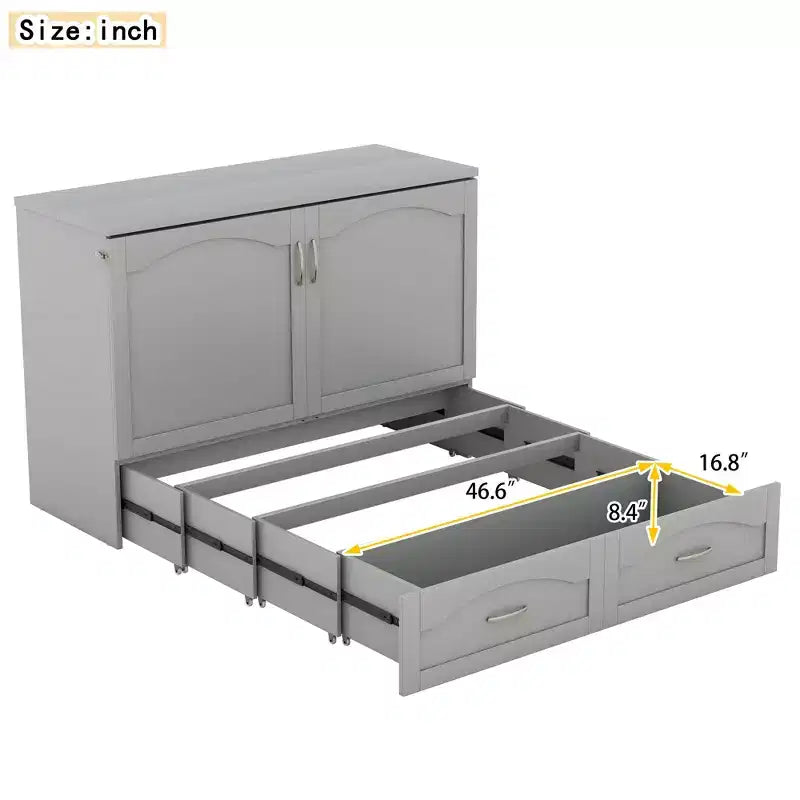 Letto a scomparsa matrimoniale/queen size con cassetti contenitori, letto a scomparsa in legno con prese e porte USB, design con struttura a puleggia