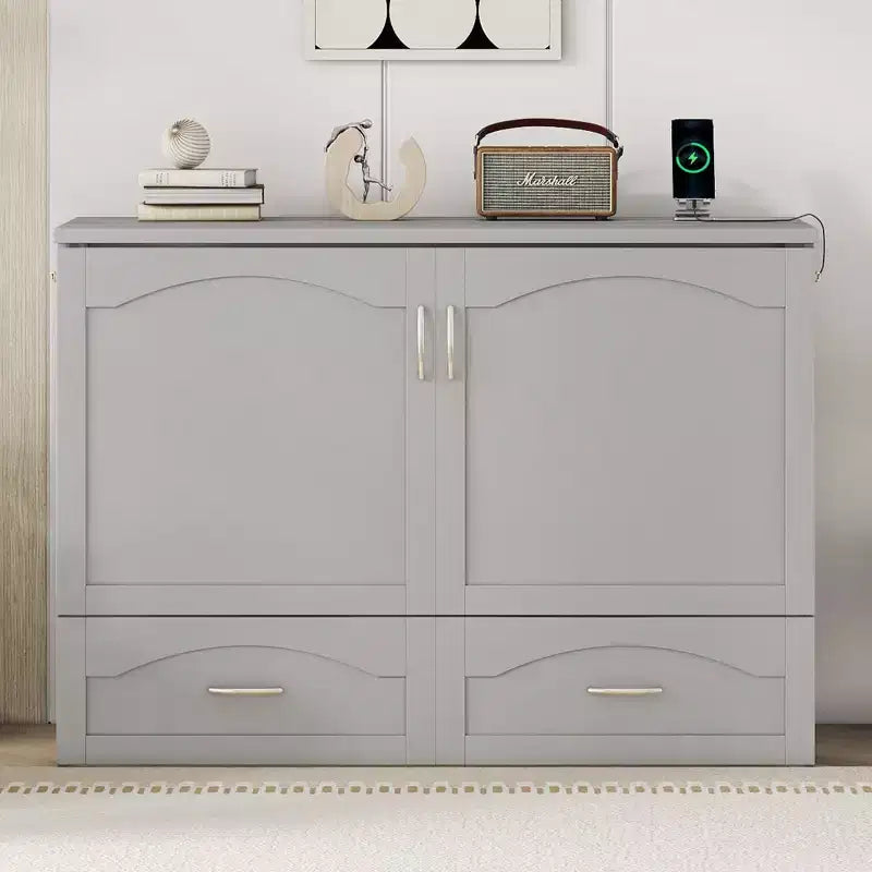 Letto a scomparsa matrimoniale/queen size con cassetti contenitori, letto a scomparsa in legno con prese e porte USB, design con struttura a puleggia