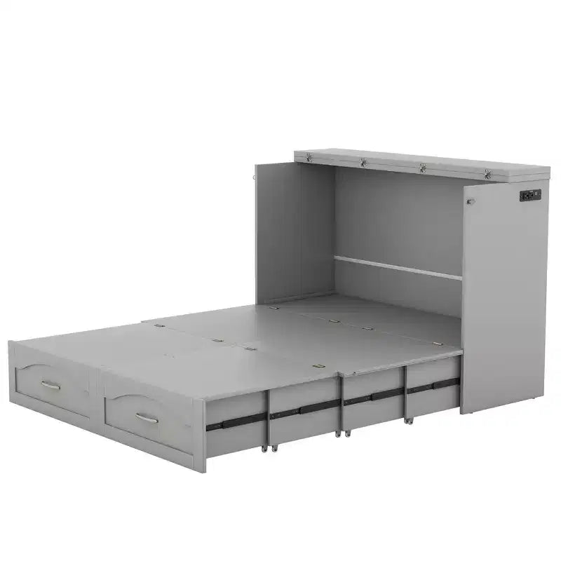 Letto a scomparsa matrimoniale/queen size con cassetti contenitori, letto a scomparsa in legno con prese e porte USB, design con struttura a puleggia