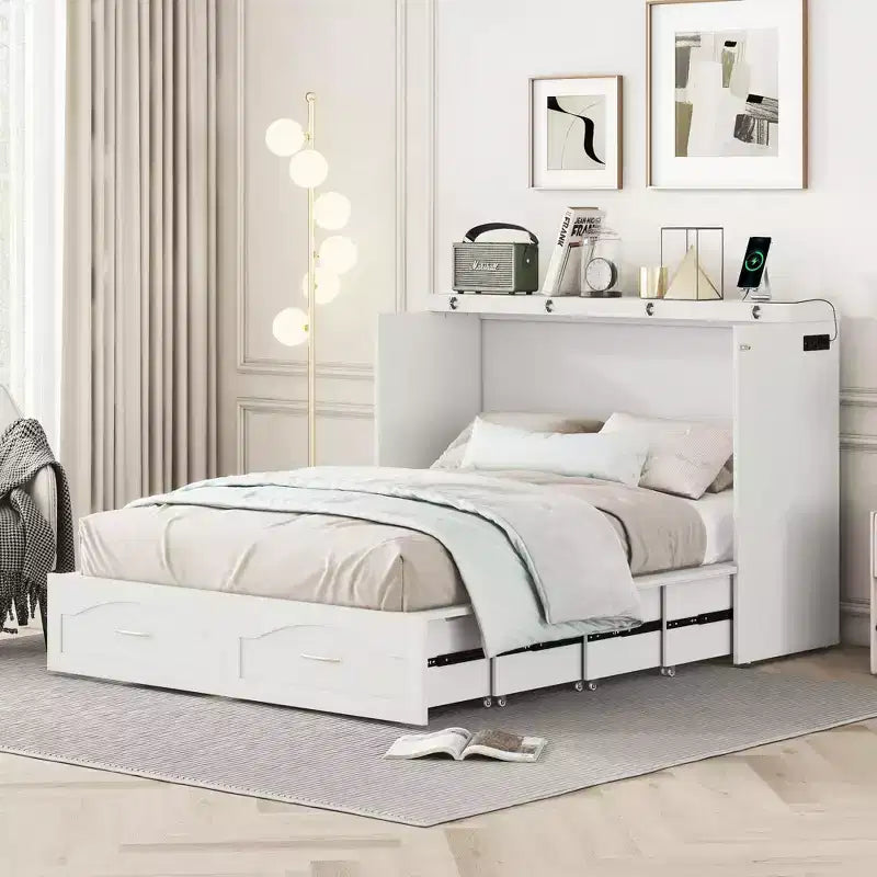 Letto a scomparsa matrimoniale/queen size con cassetti contenitori, letto a scomparsa in legno con prese e porte USB, design con struttura a puleggia