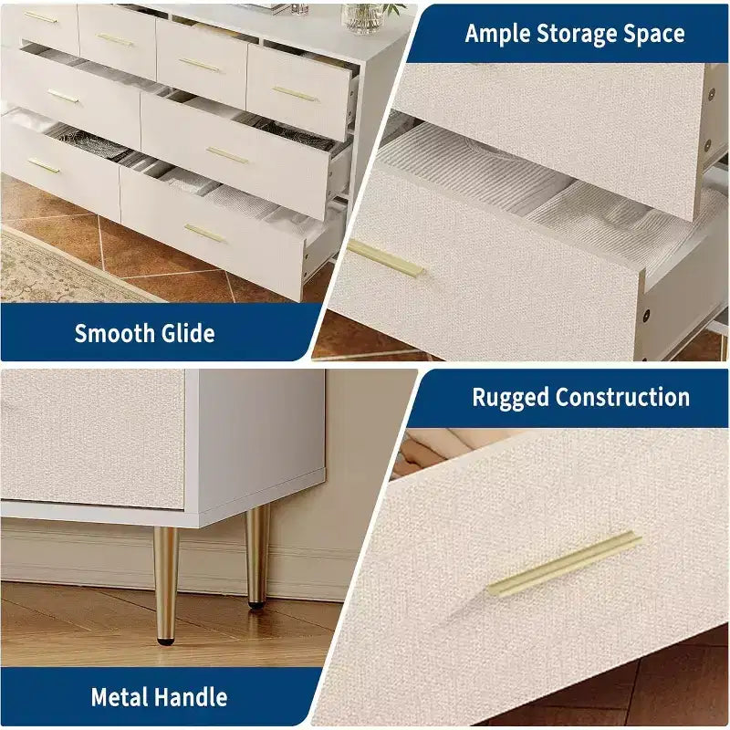 Comò bianco a 5 cassetti, cassettiera alta e stretta, cassettiera sottile in legno con maniglie e gambe in metallo dorato