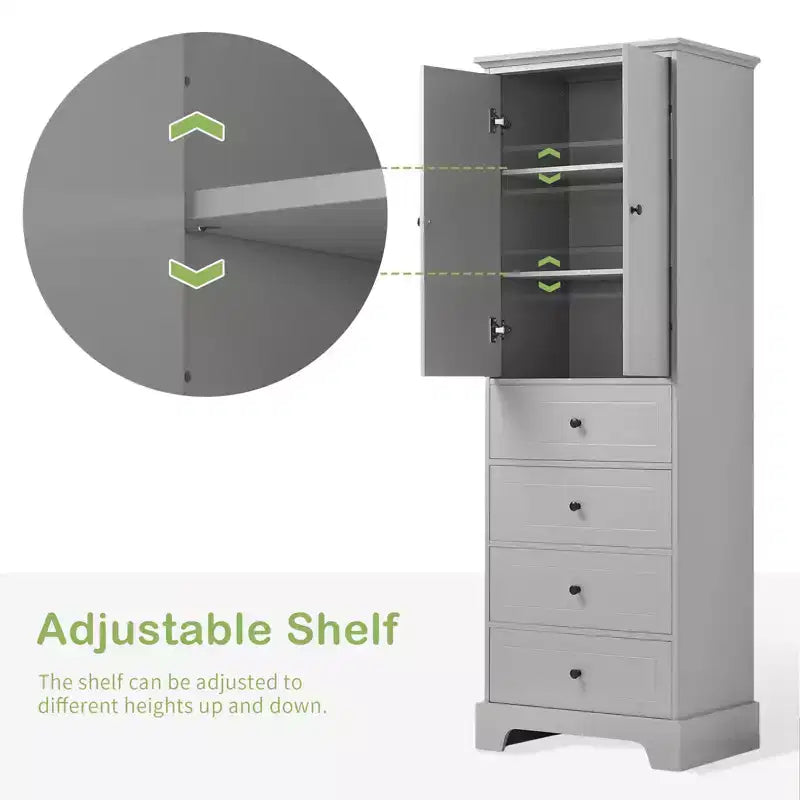 Mobiletto alto autoportante, con 4 cassetti e 2 ante, mobiletto da bagno con ripiano regolabile per bagno, soggiorno