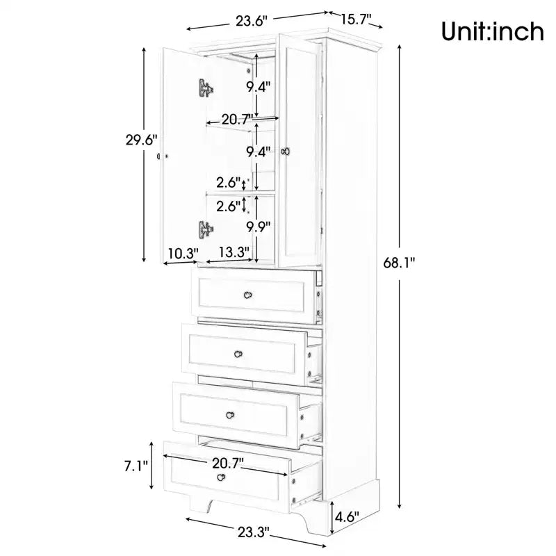 Mobiletto alto autoportante, con 4 cassetti e 2 ante, mobiletto da bagno con ripiano regolabile per bagno, soggiorno