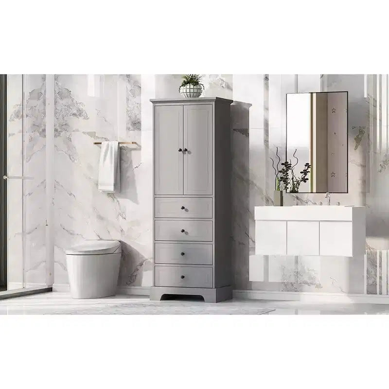 Mobiletto alto autoportante, con 4 cassetti e 2 ante, mobiletto da bagno con ripiano regolabile per bagno, soggiorno