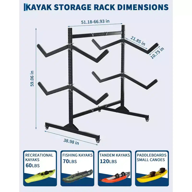 Porta Kayak Autoportante da 2 a 6 Posti - Supporto Kayak in Acciaio Resistente con Ruote Mobili e Cinghie di Sospensione per Uso Esterno (Seleziona Misura, Nero)