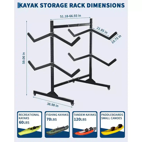 Porta Kayak Autoportante da 2 a 6 Posti - Supporto Kayak in Acciaio Resistente con Ruote Mobili e Cinghie di Sospensione per Uso Esterno (Seleziona Misura, Nero)