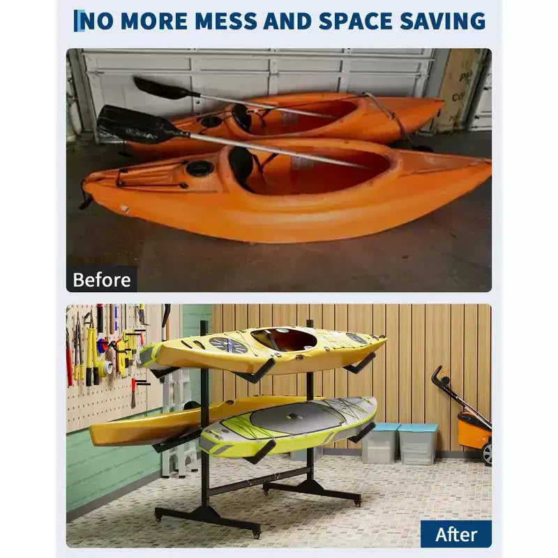 Porta Kayak Autoportante da 2 a 6 Posti - Supporto Kayak in Acciaio Resistente con Ruote Mobili e Cinghie di Sospensione per Uso Esterno (Seleziona Misura, Nero)