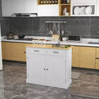 Carrello da Cucina Stile Rustico con Anta a Ribalta in Legno di Gomma, Isola da Cucina con Cassetti e Ripiani Regolabili per Sala da Pranzo, Bianco