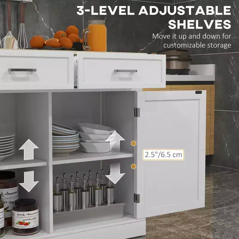 Carrello da Cucina Stile Rustico con Anta a Ribalta in Legno di Gomma, Isola da Cucina con Cassetti e Ripiani Regolabili per Sala da Pranzo, Bianco