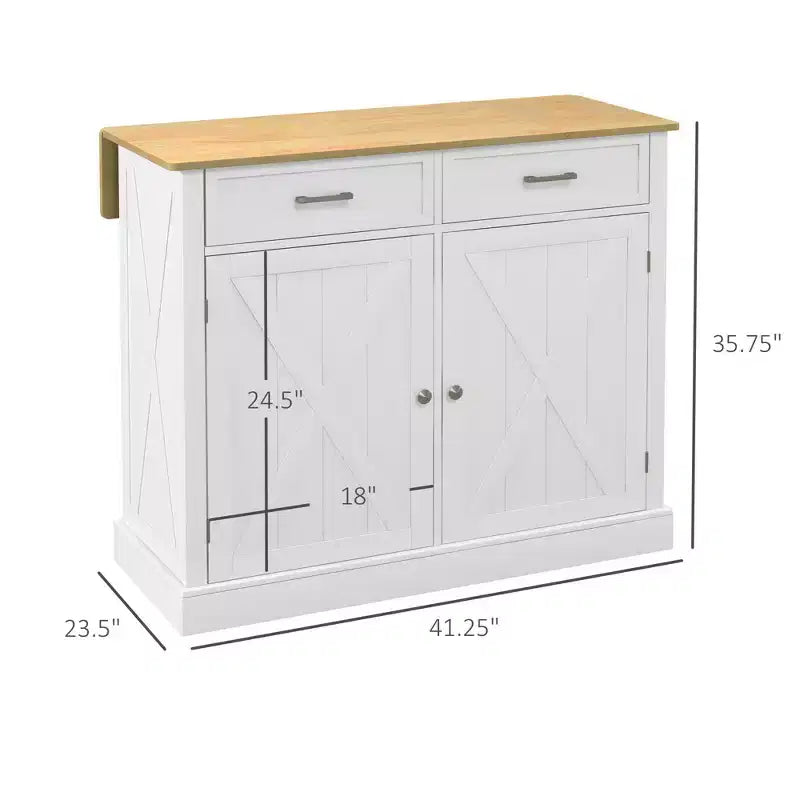 Carrello da Cucina Stile Rustico con Anta a Ribalta in Legno di Gomma, Isola da Cucina con Cassetti e Ripiani Regolabili per Sala da Pranzo, Bianco