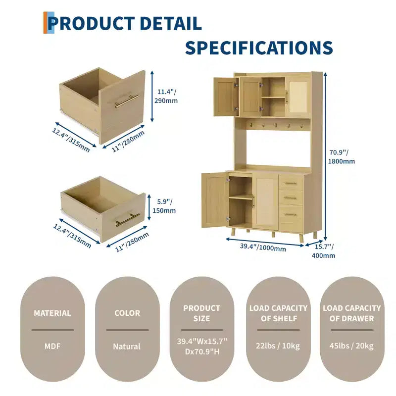 Credenza autoportante con cassetti, dispensa in rattan, ante e ganci per soggiorno, sala da pranzo,