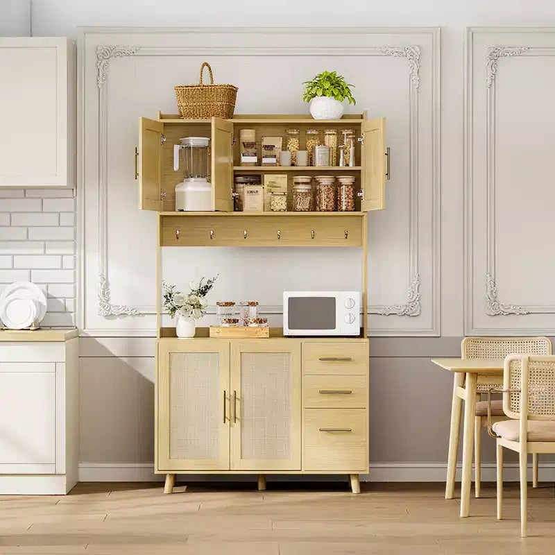 Credenza autoportante con cassetti, dispensa in rattan, ante e ganci per soggiorno, sala da pranzo,
