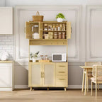 Credenza autoportante con cassetti, dispensa in rattan, ante e ganci per soggiorno, sala da pranzo,