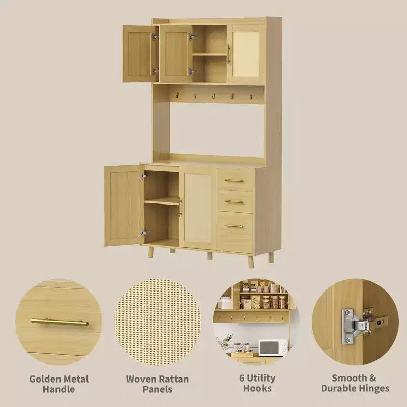 Credenza autoportante con cassetti, dispensa in rattan, ante e ganci per soggiorno, sala da pranzo,