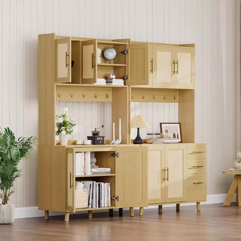 Credenza autoportante con cassetti, dispensa in rattan, ante e ganci per soggiorno, sala da pranzo,