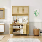 Credenza autoportante con cassetti, dispensa in rattan, ante e ganci per soggiorno, sala da pranzo,