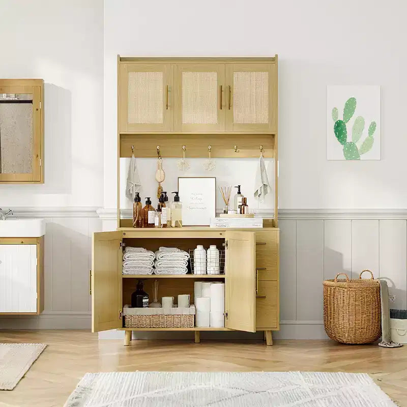 Credenza autoportante con cassetti, dispensa in rattan, ante e ganci per soggiorno, sala da pranzo,