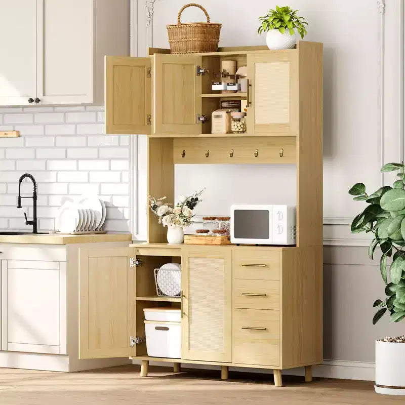 Credenza autoportante con cassetti, dispensa in rattan, ante e ganci per soggiorno, sala da pranzo,
