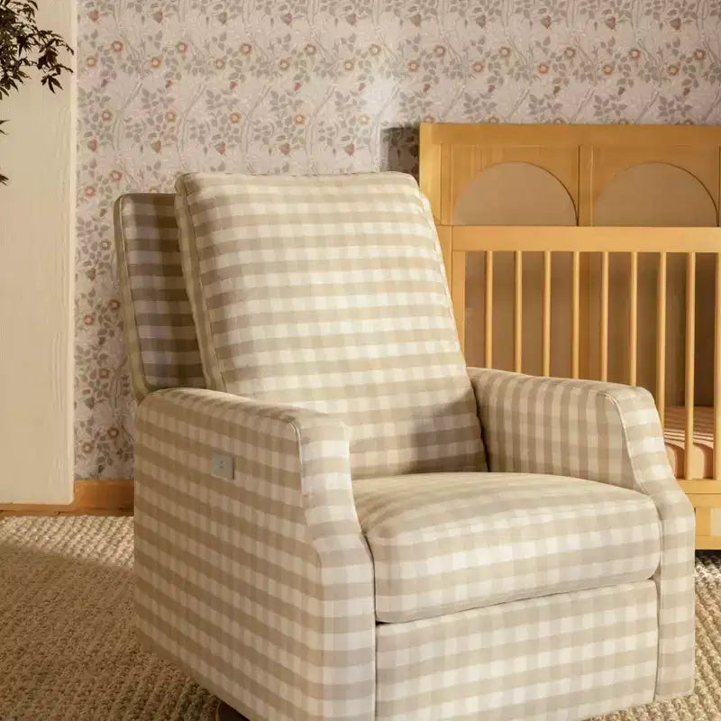 Poltrona Reclinabile e Girevole Elettrica Crewe - Gingham Sabbia con Base in Legno Chiaro