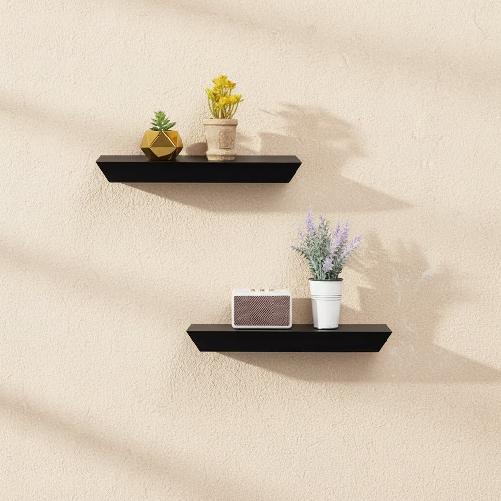 FurnitureR 2 Pack Floating Shelves FurnitureR, Black MDF Wood Wall Shelves for Home Decor & Storage, Ideal for Bedroom, Living Room, Bathroom, Kitchen