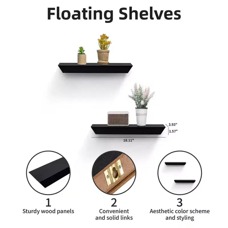 2 Mensole Galleggianti, Mensole a Muro Nere in Legno MDF per Arredamento e Organizzazione Domestica, Ideali per Camera da Letto, Soggiorno, Bagno, Cucina