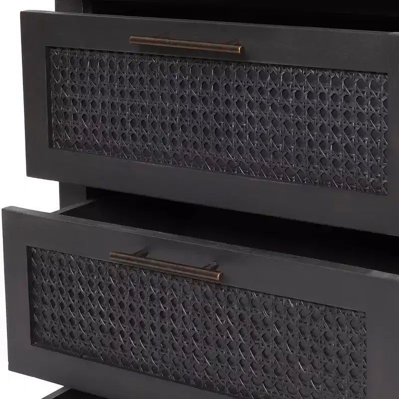 Cassettiera Newell in legno di acacia rustico e vimini a 3 cassetti grigio scuro: contenitore per camera da letto, ferramenta in metallo