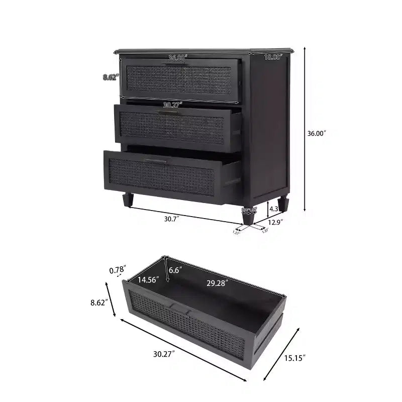 Cassettiera Newell in legno di acacia rustico e vimini a 3 cassetti grigio scuro: contenitore per camera da letto, ferramenta in metallo
