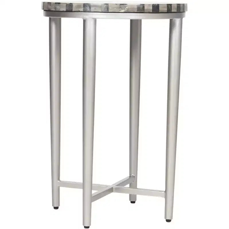Tavolino moderno rotondo in ferro Hannibal 35 cm con piano in mosaico a spirale grigio argento per soggiorno, camera da letto, comodino, ingresso, ufficio