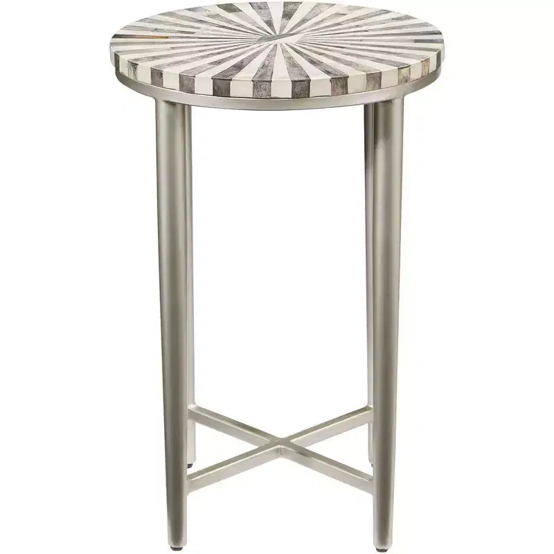 Tavolino moderno rotondo in ferro Hannibal 35 cm con piano in mosaico a spirale grigio argento per soggiorno, camera da letto, comodino, ingresso, ufficio
