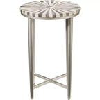 Tavolino moderno rotondo in ferro Hannibal 35 cm con piano in mosaico a spirale grigio argento per soggiorno, camera da letto, comodino, ingresso, ufficio