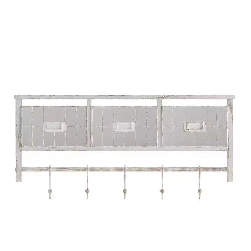 Scaffale rustico da parete con 5 ganci scorrevoli regolabili e tre cestini in filo metallico