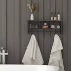 Scaffale da Parete in Legno Massello di Pino da 60 cm con Mensola Superiore, 5 Ganci e Cesti in Filo Metallico per Soggiorno, Cucina o Ingresso
