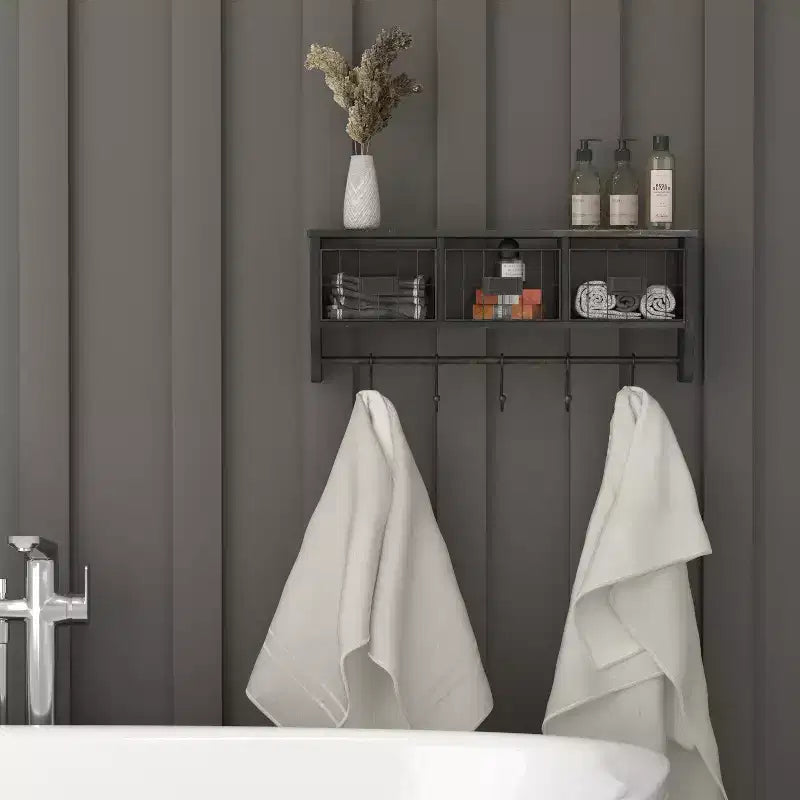 Scaffale da Parete in Legno Massello di Pino da 60 cm con Mensola Superiore, 5 Ganci e Cesti in Filo Metallico per Soggiorno, Cucina o Ingresso