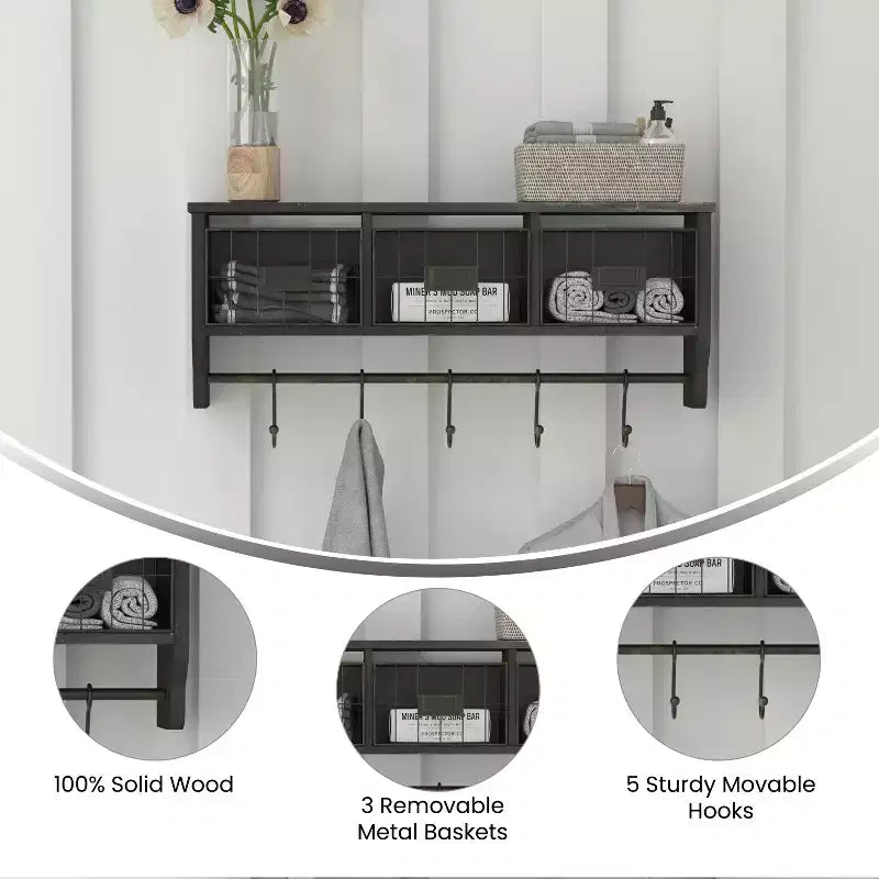 Scaffale da Parete in Legno Massello di Pino da 60 cm con Mensola Superiore, 5 Ganci e Cesti in Filo Metallico per Soggiorno, Cucina o Ingresso