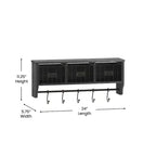 Scaffale da Parete in Legno Massello di Pino da 60 cm con Mensola Superiore, 5 Ganci e Cesti in Filo Metallico per Soggiorno, Cucina o Ingresso