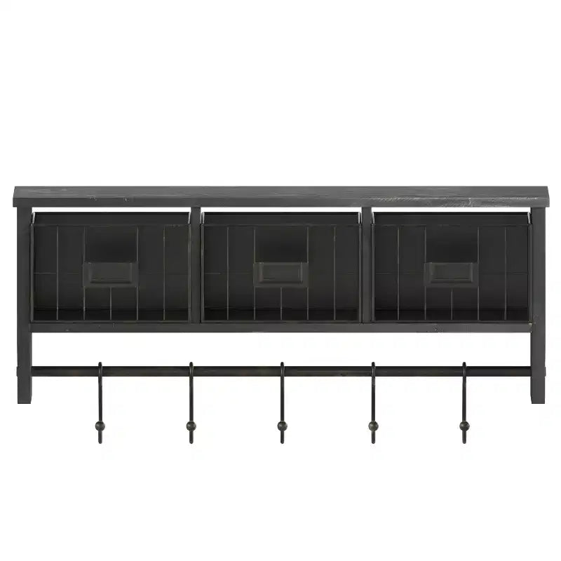 Scaffale da Parete in Legno Massello di Pino da 60 cm con Mensola Superiore, 5 Ganci e Cesti in Filo Metallico per Soggiorno, Cucina o Ingresso