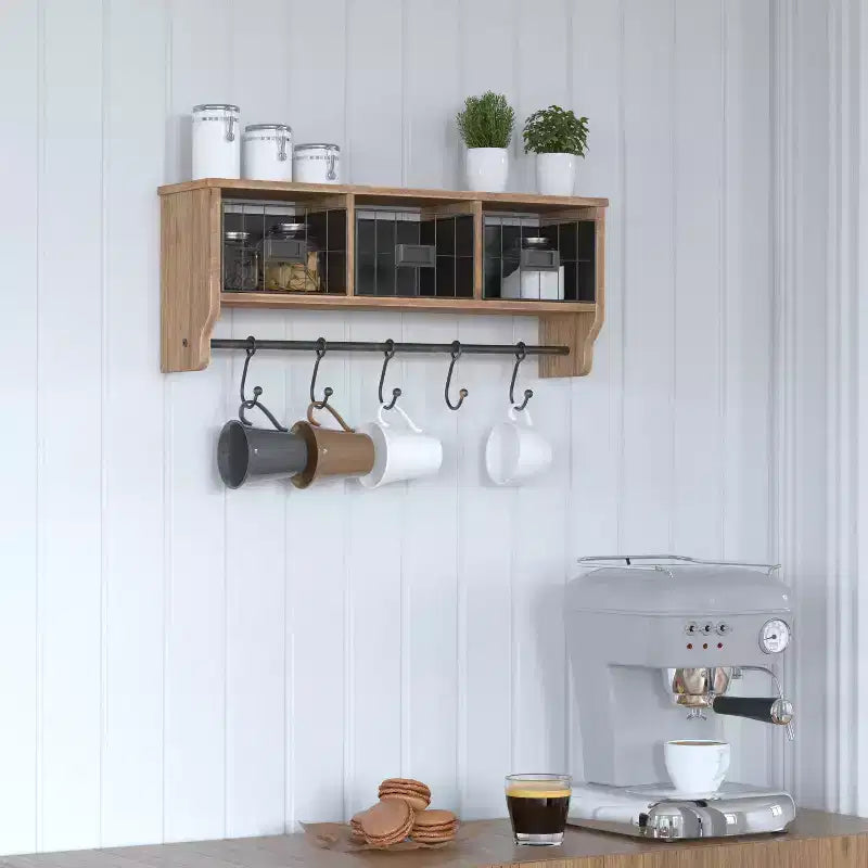 Scaffale da Parete in Legno Massello di Pino da 60 cm con Mensola Superiore, 5 Ganci e Cesti in Filo Metallico per Soggiorno, Cucina o Ingresso