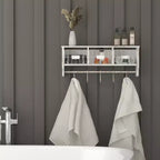 Scaffale da Parete in Legno Massello di Pino da 60 cm con Mensola Superiore, 5 Ganci e Cesti in Filo Metallico per Soggiorno, Cucina o Ingresso