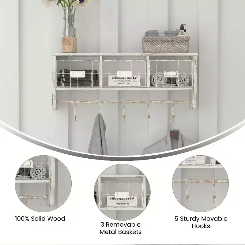 Scaffale da Parete in Legno Massello di Pino da 60 cm con Mensola Superiore, 5 Ganci e Cesti in Filo Metallico per Soggiorno, Cucina o Ingresso