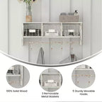 Scaffale da Parete in Legno Massello di Pino da 60 cm con Mensola Superiore, 5 Ganci e Cesti in Filo Metallico per Soggiorno, Cucina o Ingresso