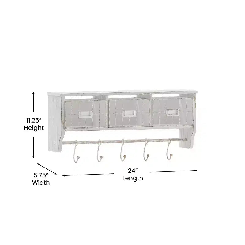 Scaffale da Parete in Legno Massello di Pino da 60 cm con Mensola Superiore, 5 Ganci e Cesti in Filo Metallico per Soggiorno, Cucina o Ingresso