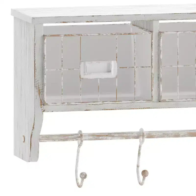 Scaffale da Parete in Legno Massello di Pino da 60 cm con Mensola Superiore, 5 Ganci e Cesti in Filo Metallico per Soggiorno, Cucina o Ingresso