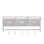 Scaffale da Parete in Legno Massello di Pino da 60 cm con Mensola Superiore, 5 Ganci e Cesti in Filo Metallico per Soggiorno, Cucina o Ingresso