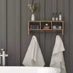 Scaffale da Parete in Legno Massello di Pino da 60 cm con Mensola Superiore, 5 Ganci e Cesti in Filo Metallico per Soggiorno, Cucina o Ingresso