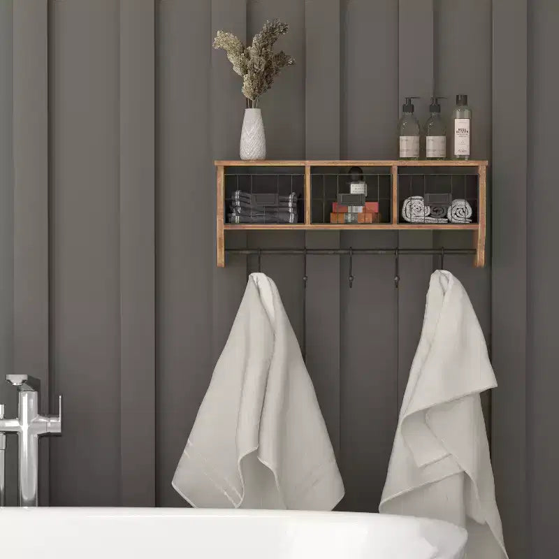 Scaffale da Parete in Legno Massello di Pino da 60 cm con Mensola Superiore, 5 Ganci e Cesti in Filo Metallico per Soggiorno, Cucina o Ingresso