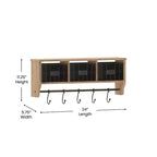 Scaffale da Parete in Legno Massello di Pino da 60 cm con Mensola Superiore, 5 Ganci e Cesti in Filo Metallico per Soggiorno, Cucina o Ingresso