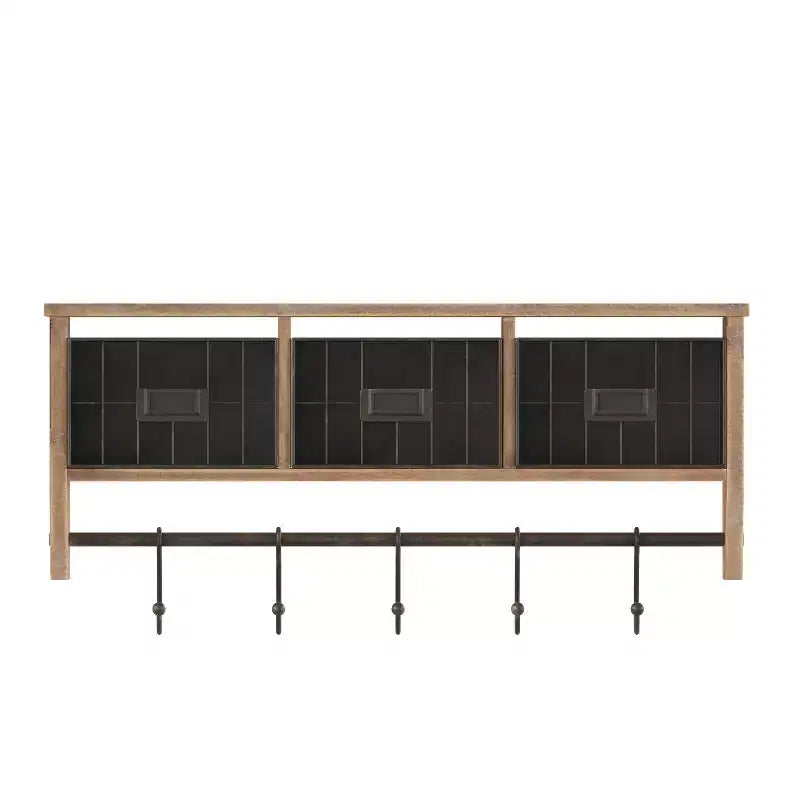 Scaffale da Parete in Legno Massello di Pino da 60 cm con Mensola Superiore, 5 Ganci e Cesti in Filo Metallico per Soggiorno, Cucina o Ingresso