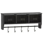 Scaffale da Parete in Legno Massello di Pino da 60 cm con Mensola Superiore, 5 Ganci e Cesti in Filo Metallico per Soggiorno, Cucina o Ingresso