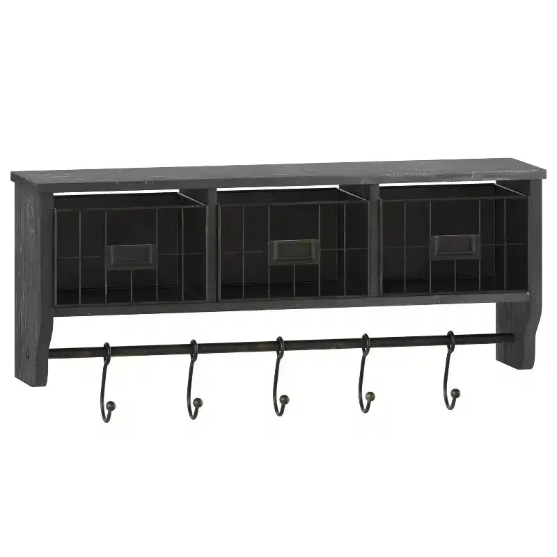 Scaffale da Parete in Legno Massello di Pino da 60 cm con Mensola Superiore, 5 Ganci e Cesti in Filo Metallico per Soggiorno, Cucina o Ingresso